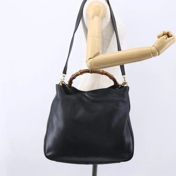 GUCCI Bamboo Shoulder Bag Leather 2way Black Gold